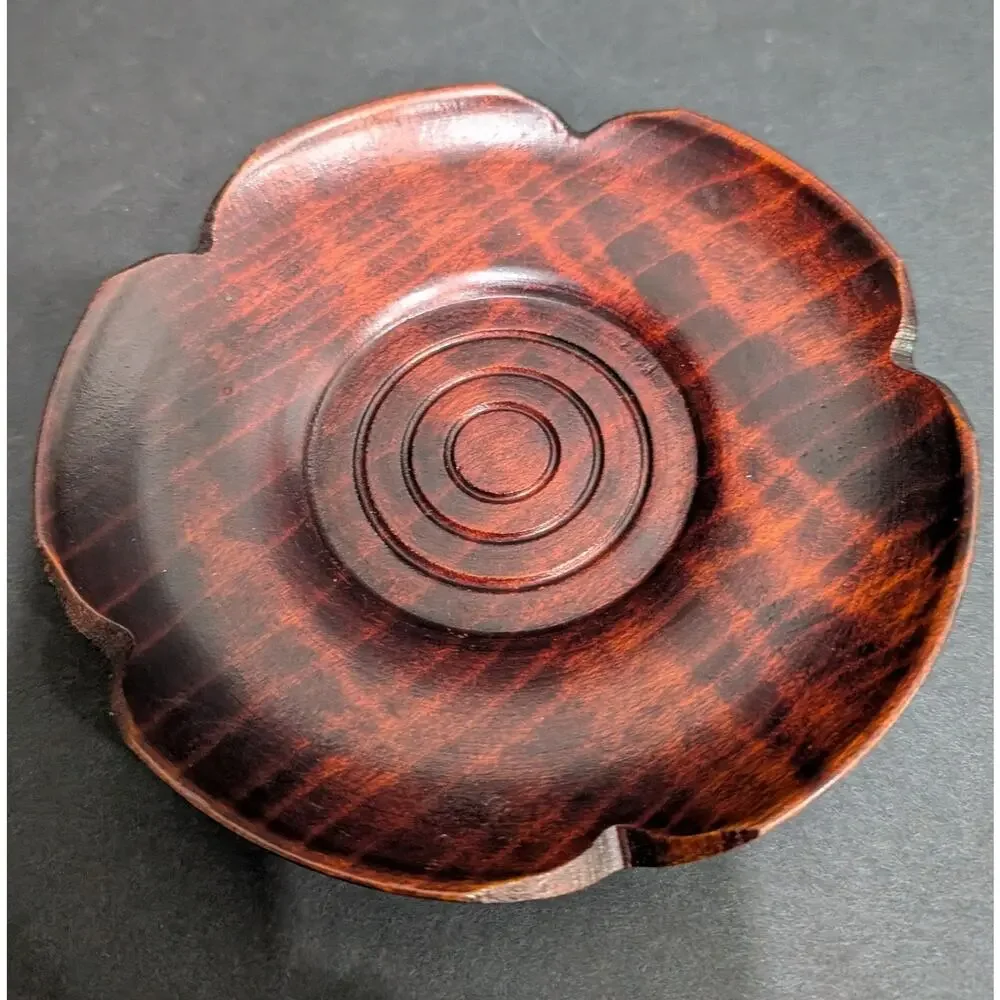 Vintage Japanese Wooden Chataku Tea Coasters Saucers Set of 5 Flower Shape 4